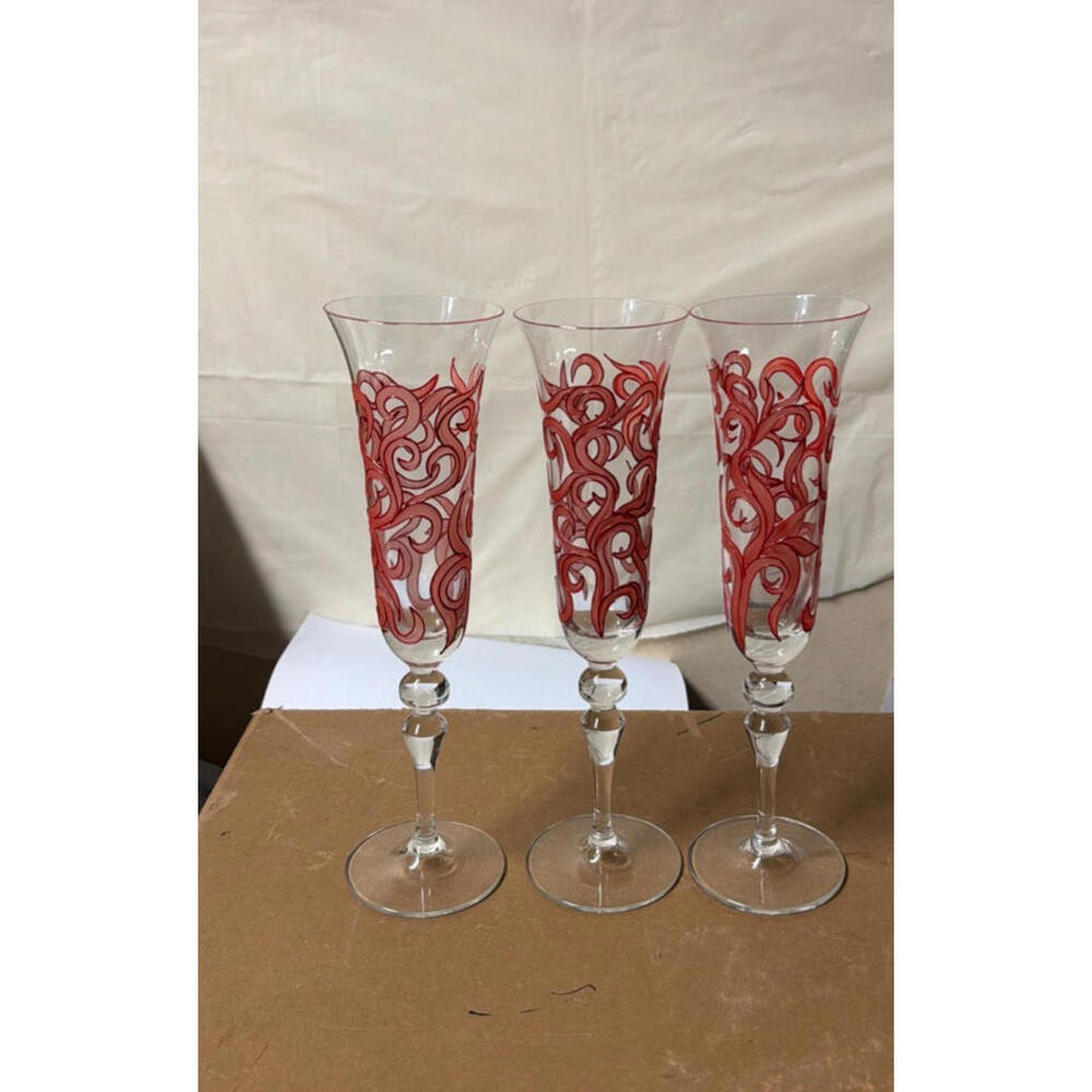 Set of 3 Red Swirl Hand-Painted‎ Champagne Flutes – Elegant Glasses - Picture 6 of 6